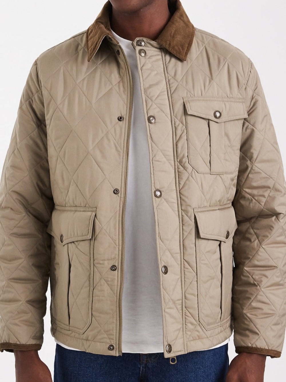 Jack & Jones Quilted Taupe Jacket with Brown Corduroy Collar
